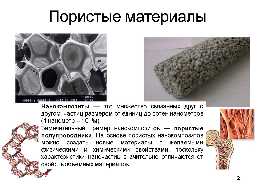 2 Пористые материалы Нанокомпозиты — это множество связанных друг с другом частиц размером от